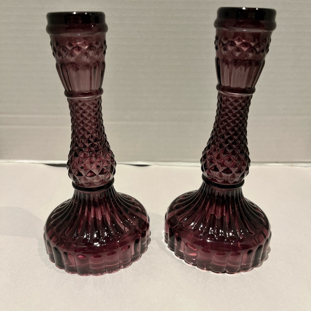 Vintage Purple / Cranberry Pressed Glass Candlesticks – Pair